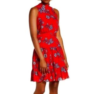 Eliza J Floral Mock Neck Crepe Fit & Flare Minidress